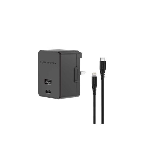  POWEROLOGY DUAL PORTS WALL CHARGER 30W USB 2.4A + PD 18W WITH TYPE-C TO LIGHTING CABLE 1.2M - BLACK