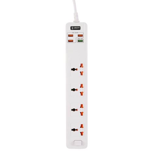 Green 4 AC 4 USB 3.4A QC3.0 Multiport Smart Power Socket 3000W - 3M -White