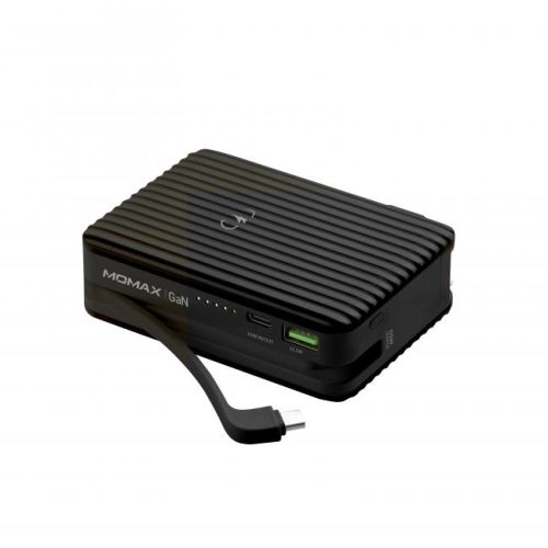 MOMAX Q. PLUG Portable 65W 15000mAh GaN Power Bank with Built-in Type C Cable - Black 