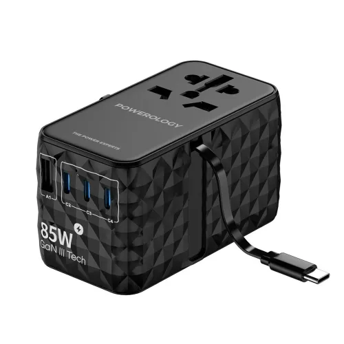 Powerology Universal Gan 85w Super Charger Retractable Type-c Cable - Black