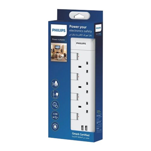 Philips Extenstion 3 Bs Outlets Indv. Switch  With 2 USB - 2M Cord