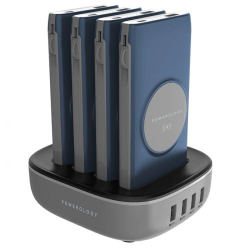 Powerology 4 in 1 Wireless Power Bank Station 10000mAh with Built-In Cable ( Lightning & Type-C ) PD 20W - Blue