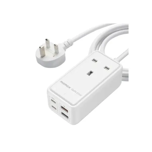 Momax ONEPLUG 5 in 1 65W GaN Extension Cord with USB - 2m - White 