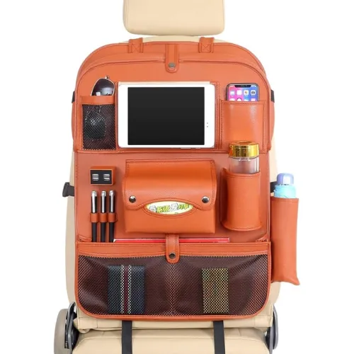 CAR ORGANIZER PU WATERPROOF SEAT BACK + PROTECTORS + 4USB + IPAD HOLDER TISSUE BOX TRAY WITH TABLE - BROWN