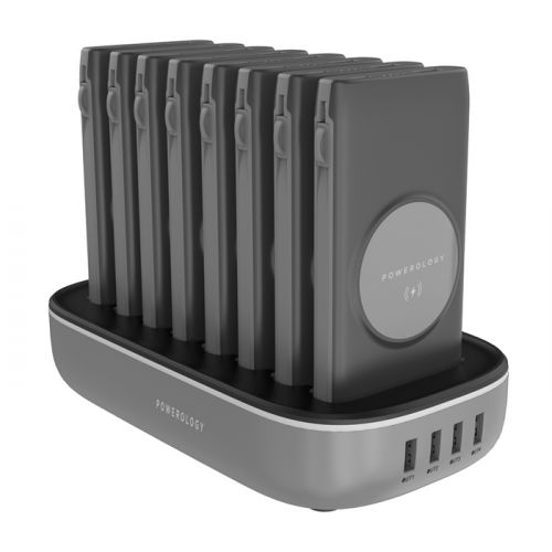 Powerology 8 in 1 Wireless Power Bank Station 10000mAh with Built-In Cable ( Lightning & Type-C ) PD 20W - Black
