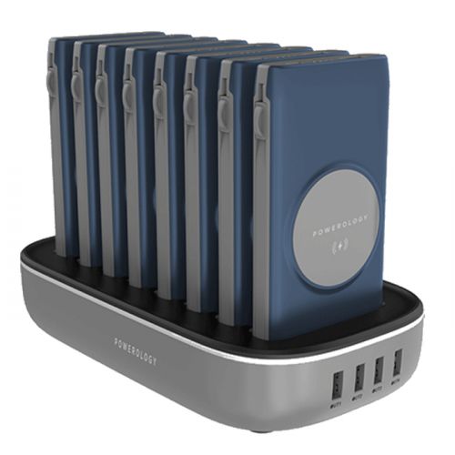 Powerology 8 in 1 Wireless Power Bank Station 10000mAh with Built-In Cable ( Lightning & Type-C ) PD 20W - Blue